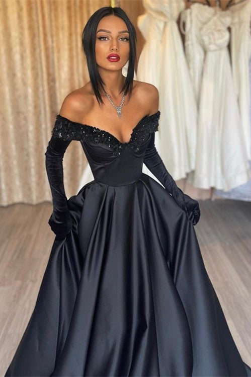 Off-the-shoulder Black Prom Dress with Long Mermaid Gloves
