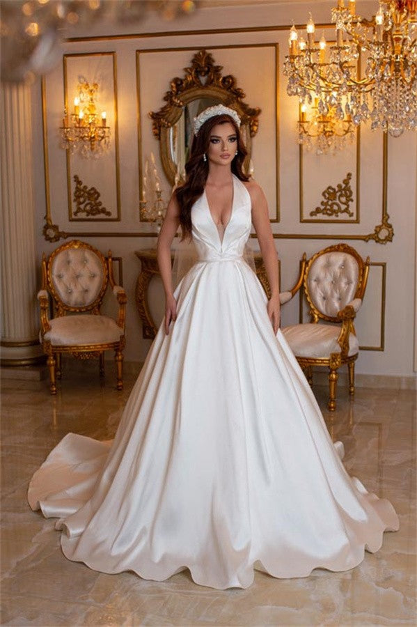 Bmbride Elegant Long A-line V-neck Halter Chapel Train Satin Sleeveless Bridal Gown
