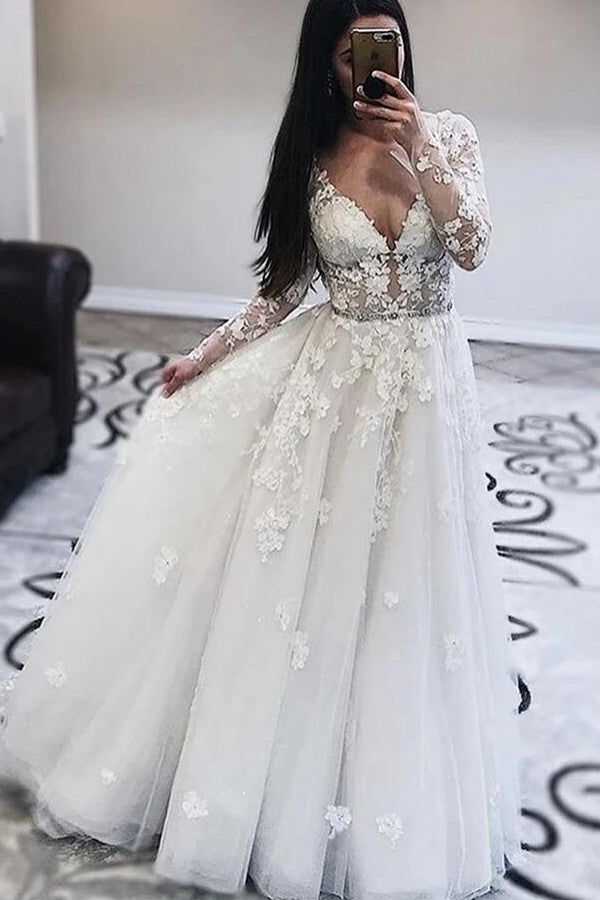 Bmbride Vintage A-Line Deep V-neck Long Sleeve Appliques Lace Floor-length Tulle Bridal Gown