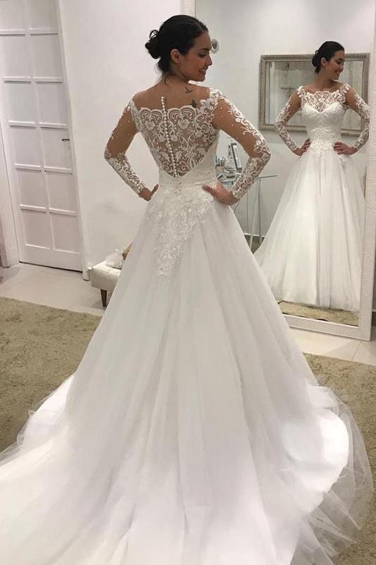 Bmbride Gorgeous Tulle Beads Wedding Dress with Puffy Long Sleeves