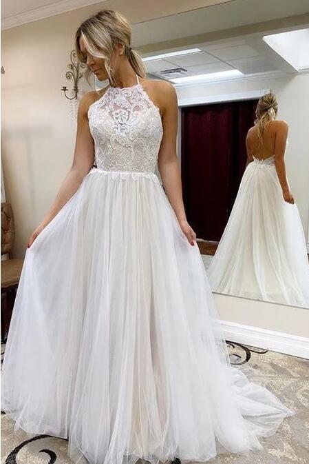 Bmbride A-Line Halter Tulle Lace Backless Beach Wedding Dress