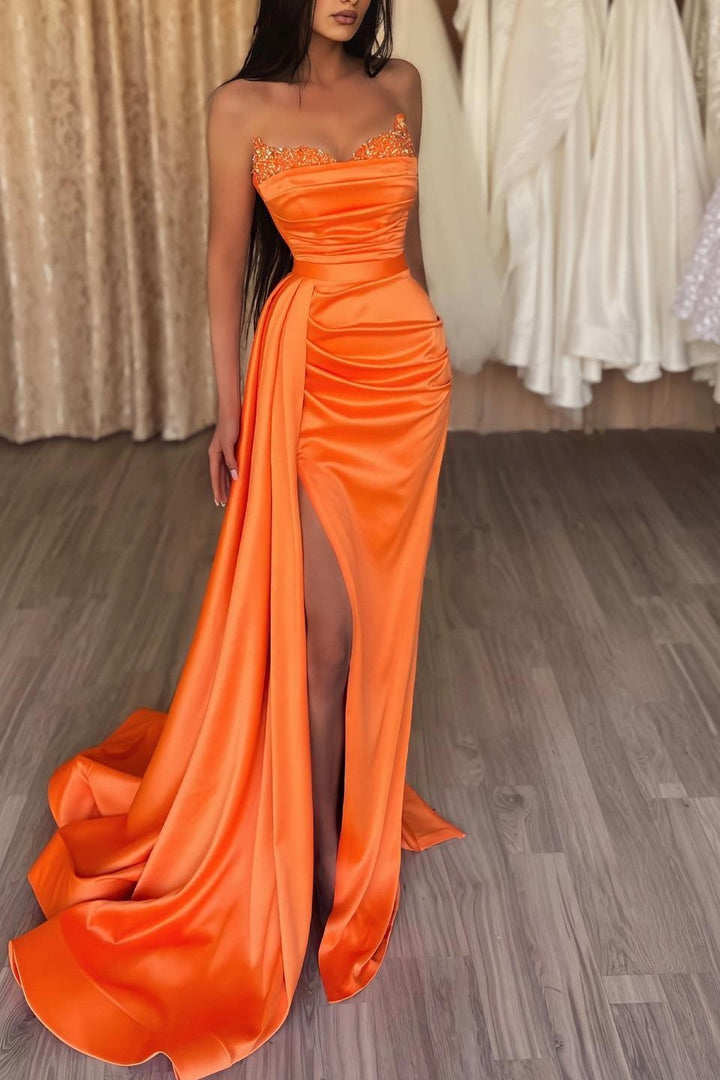 Strapless Orange Mermaid Prom Dress with Split and Ruffles