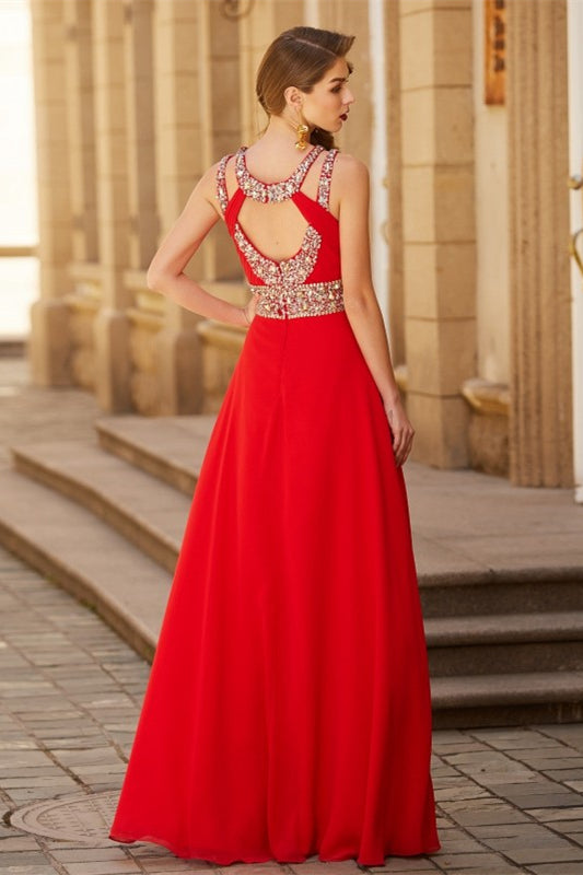 Red Halter Prom Dress with Crystal Split