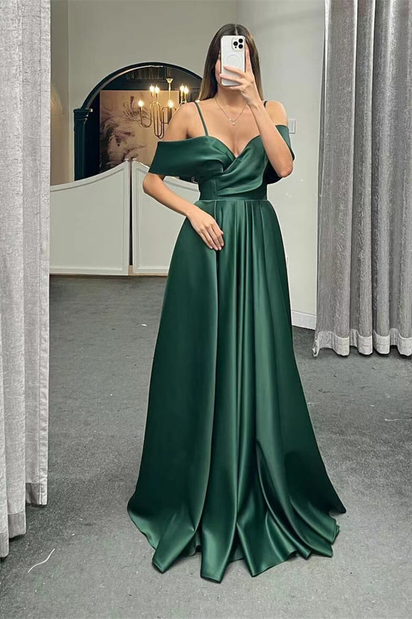 Off-the-Shoulder A-Line Lace-Up Back Long Evening Dress with Spaghetti Straps