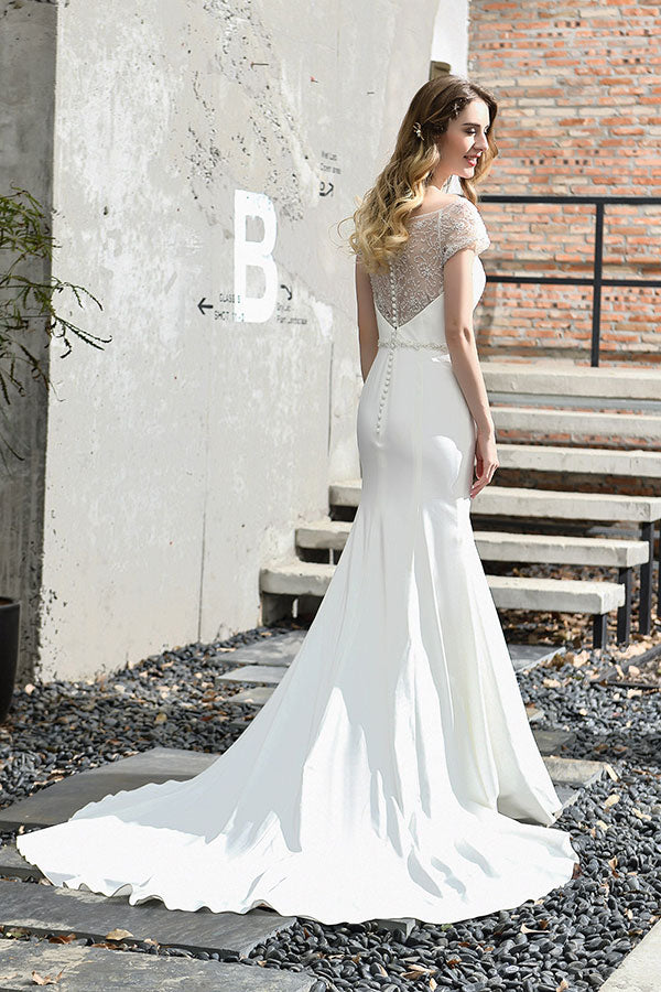 Bmbride Short-Sleeve Mermaid Satin Lace Bridal Gown