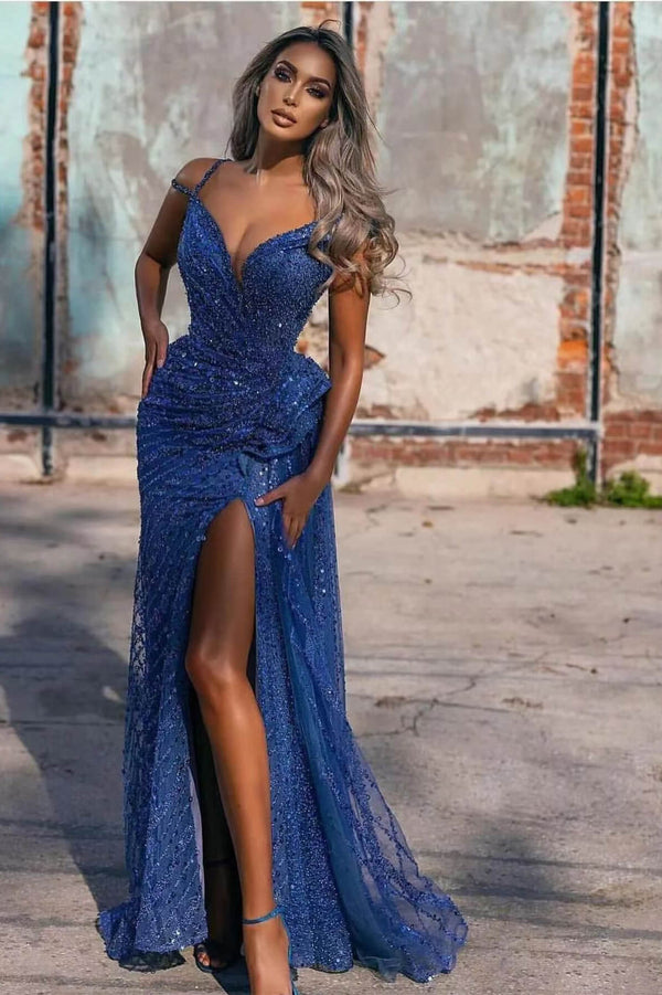 Off-The-Shoulder Sequins Evening Dress Split Mermaid in Royal Blue