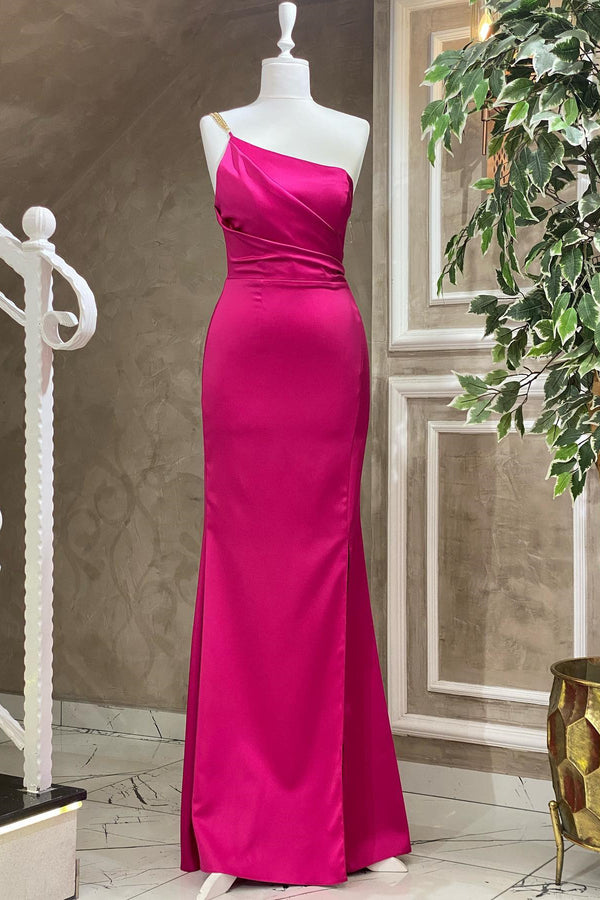 Fuchsia One Shoulder Mermaid Floor Length Evening Dress With Pleated