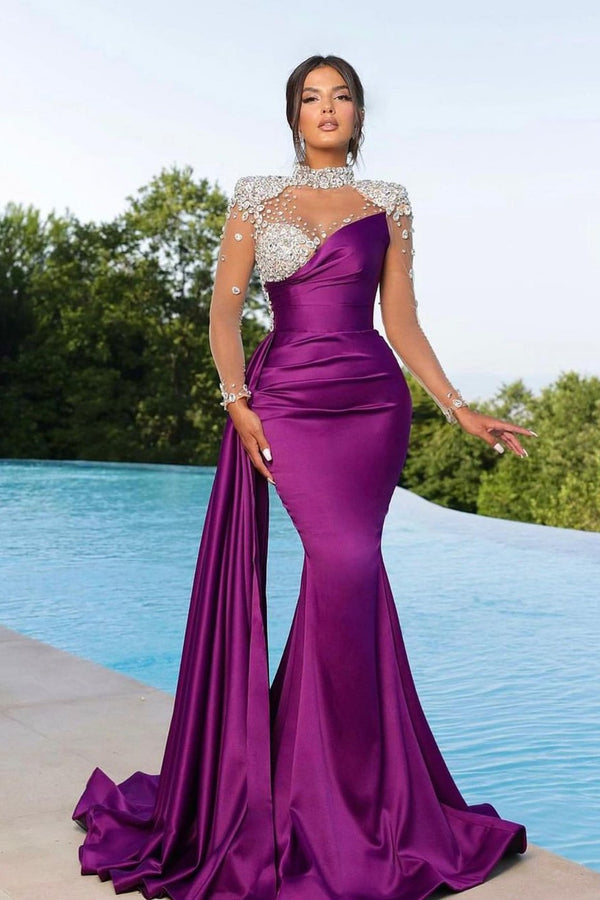 Long Sleeve Purple Satin Mermaid Prom Dress with Trail Beadings