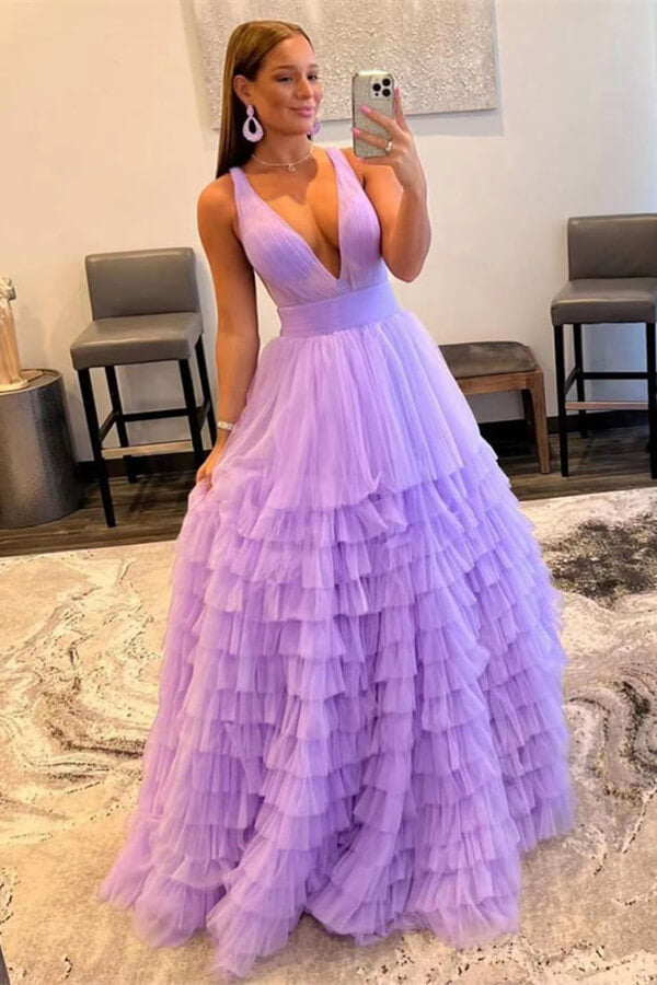 Online Sleeveless Lilac V-Neck Tulle Layers Prom Dress