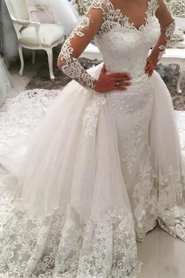 Bmbride Ivory V-Neck Long Sleeves Appliques Watteau Train Wedding Dress