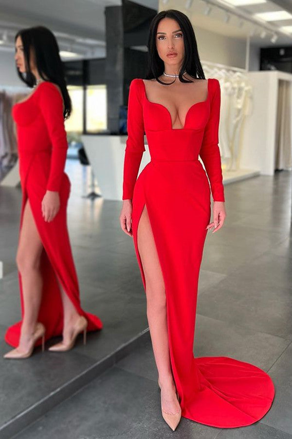 Sweetheart Long Sleeves Mermaid Prom Dress With Split - Red