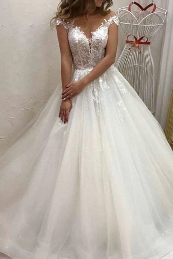 Bmbride A-line Sweetheart Off-the-shoulder Appliques Lace Tulle Train Wedding Dress