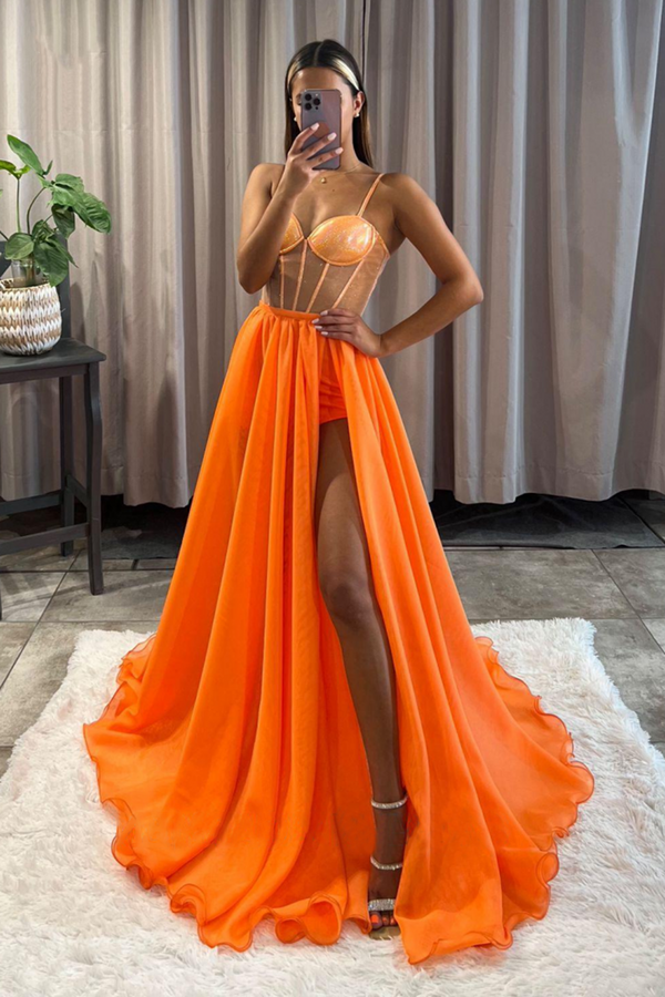 A-Line Orange Spaghetti Straps High Split Long Prom Dress