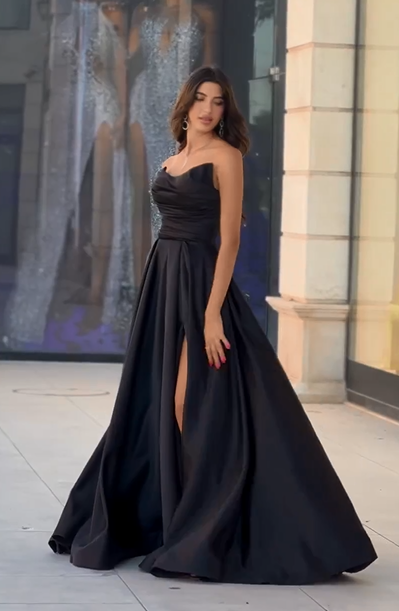 Black Sleeveless Strapless Prom Dress with Slit