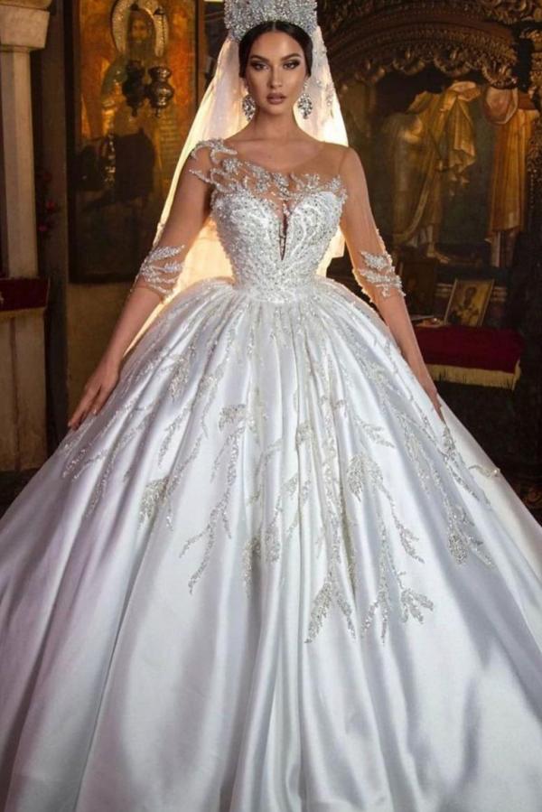 Bmbride Long Princess Sweetheart Satin Wedding Dress with Sleeves