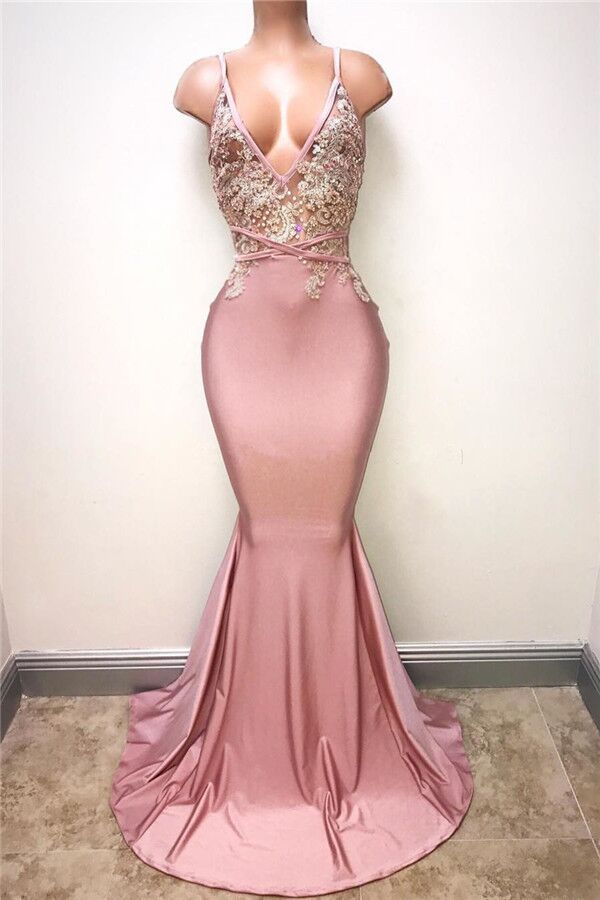 Pink Mermaid Long Prom Dress With Lace Appliques