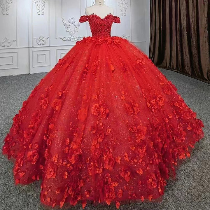 Bmbride Red Long Ball Gown Off Shoulder Tulle Lace Prom Dress