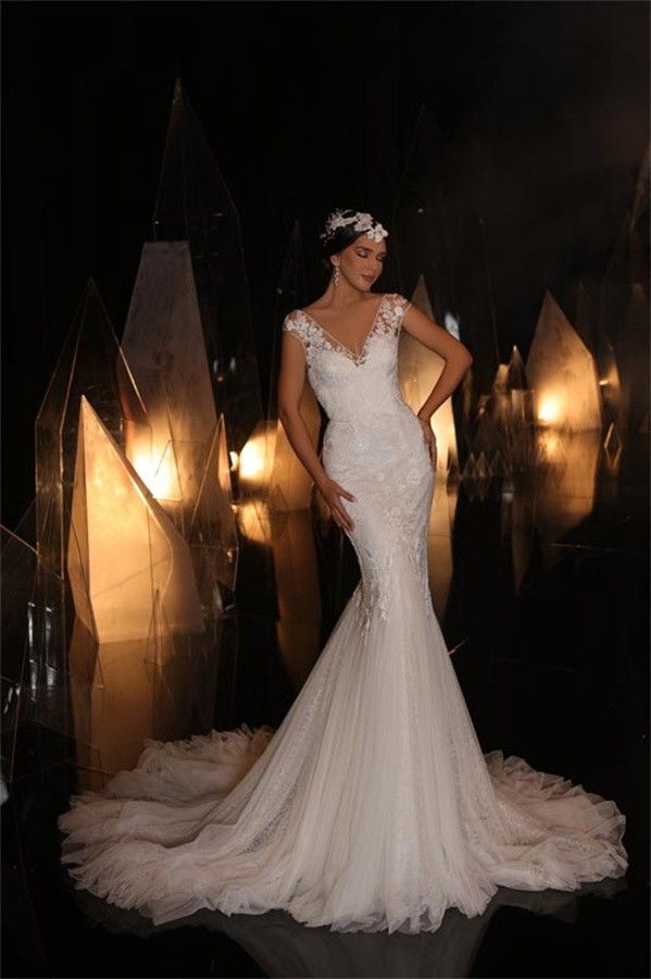 Bmbride Long Mermaid V-neck Sleeveless Tulle Lace Wedding Dress