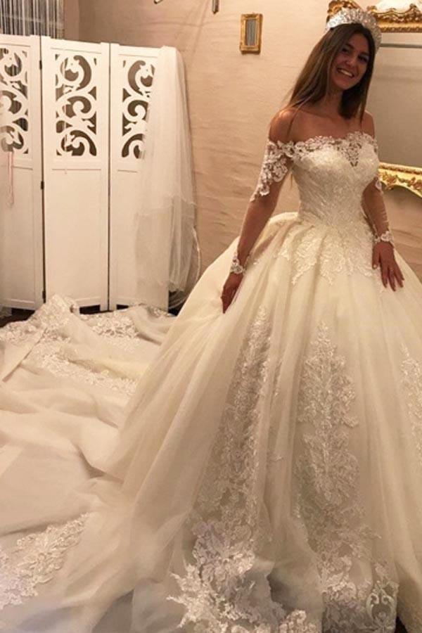 Bmbride Off the Shoulder Long Sleeve Ball Gown Chapel Train Wedding Dress