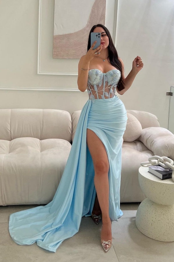 Long Lace Beaded Split Baby Blue Sleeveless Prom Dress