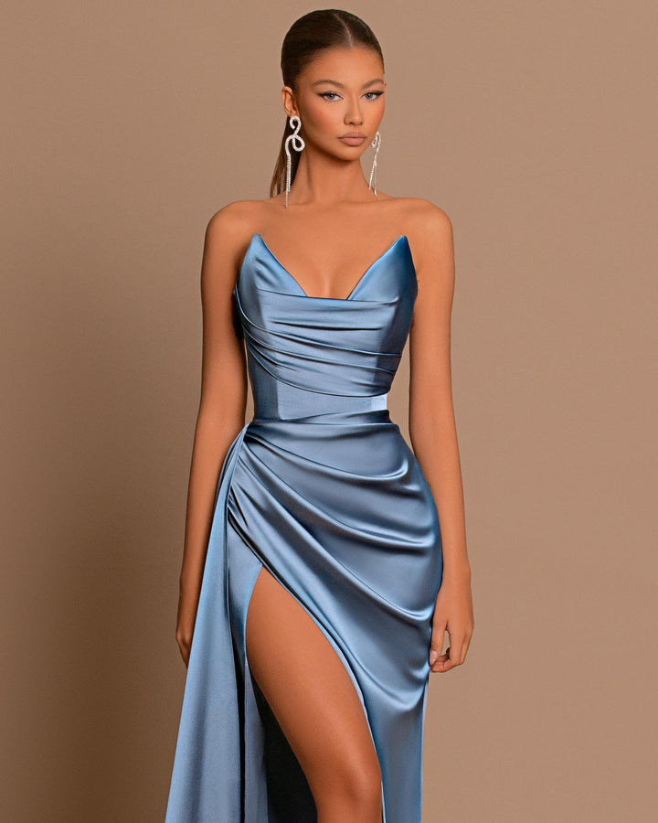 Elegant Royal Blue Long Evening Dress with Slit Pleated Ball Gown Charmeuse