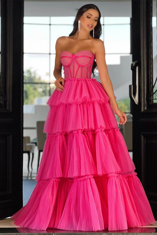 Elegant Hot Pink Sweetheart Prom Dress with Sleeveless Layers