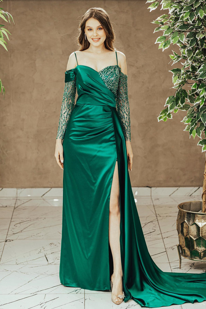Emerald Off-The-Shoulder Sequins Prom Dress With Slit Pleated