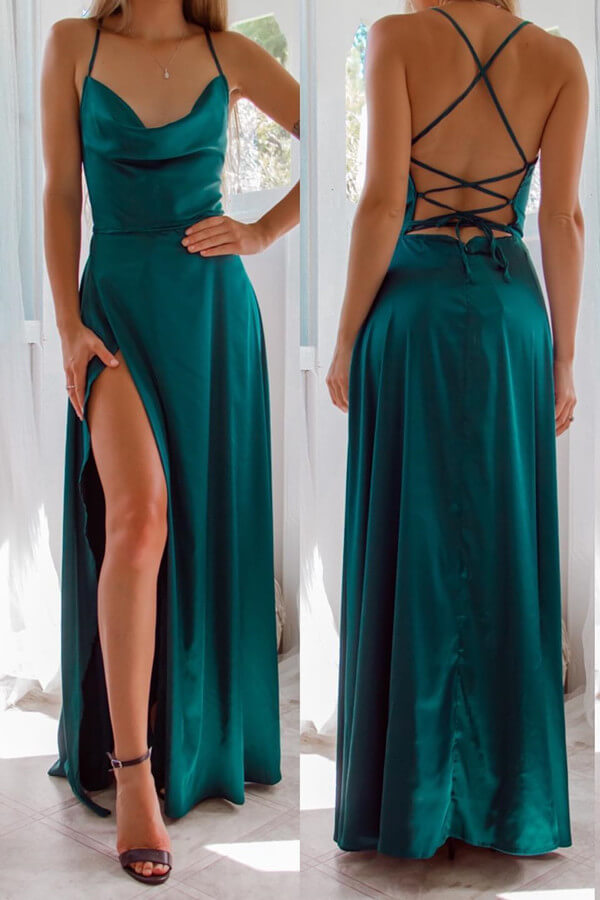 Online Dark Green Strapless Evening Dress with Spaghetti-Straps and Front Split