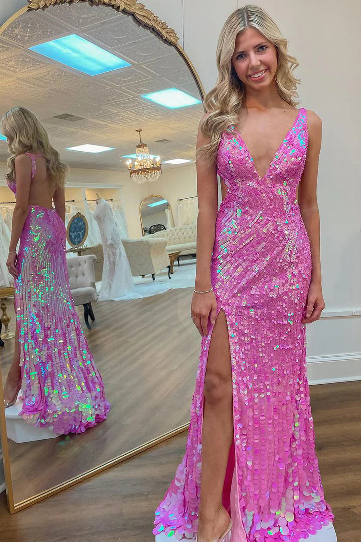 Long V Neck Pink Sequins Prom Dress with Backless Sleeveless Design and High Slit Gown