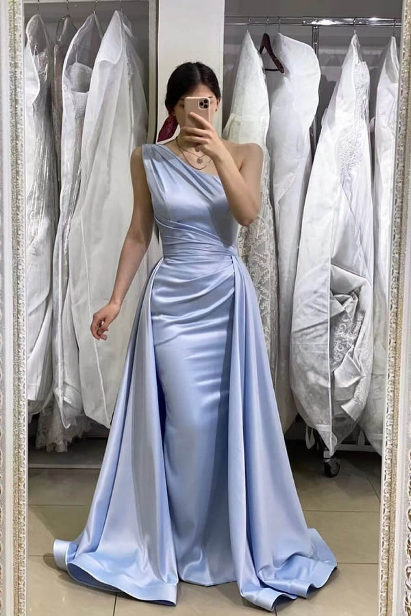 Light blue one-shoulder sleeveless long mermaid prom dress with detachable skirt