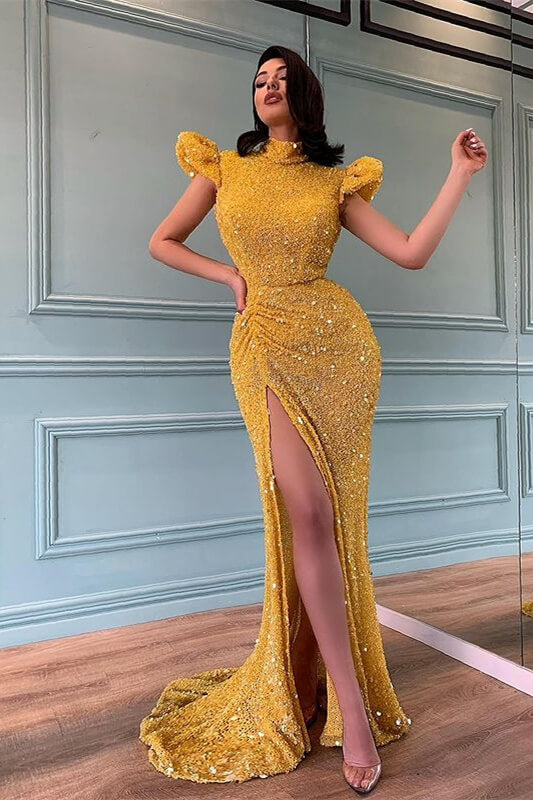 High Neck Beaded Mermaid Prom Dress With Split in Yellow