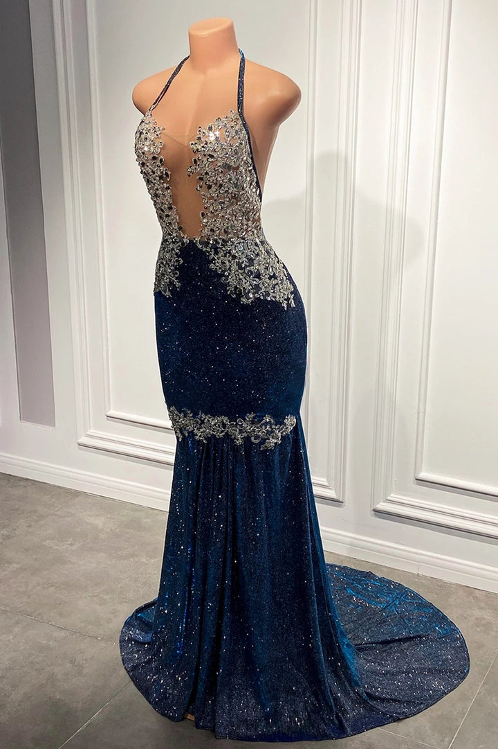 Sequin Blue Mermaid Long Prom Dress with Spaghetti Straps