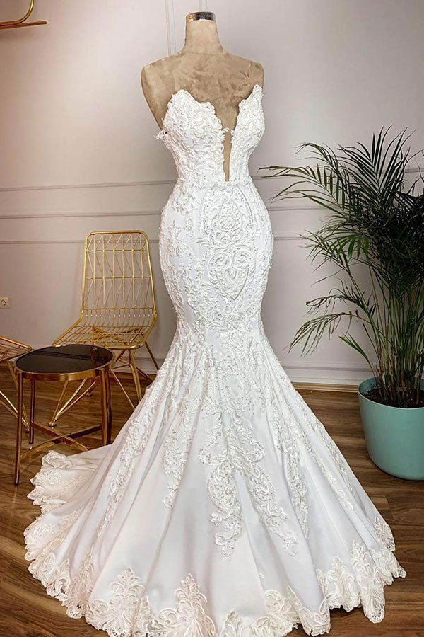 Bmbride Strapless Appliques Satin Mermaid Bridal Gown