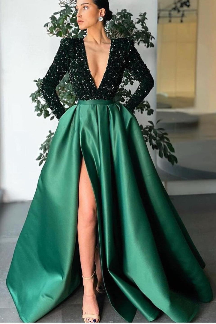 Sequined Deep V-Neck Long Sleeves Mermaid Prom Dress with Split