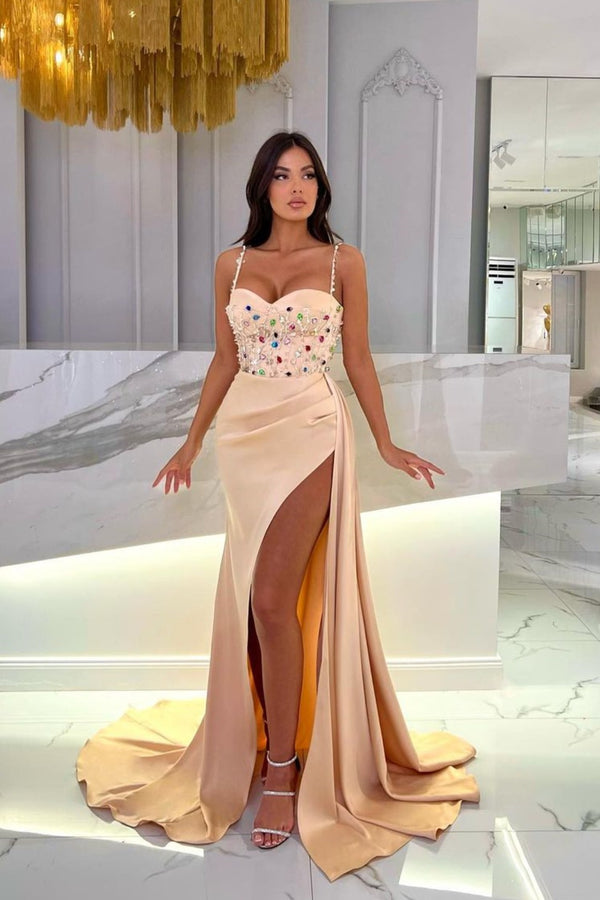 Long Prom Dress Princess With Rhinestone Spaghetti Strap Slit