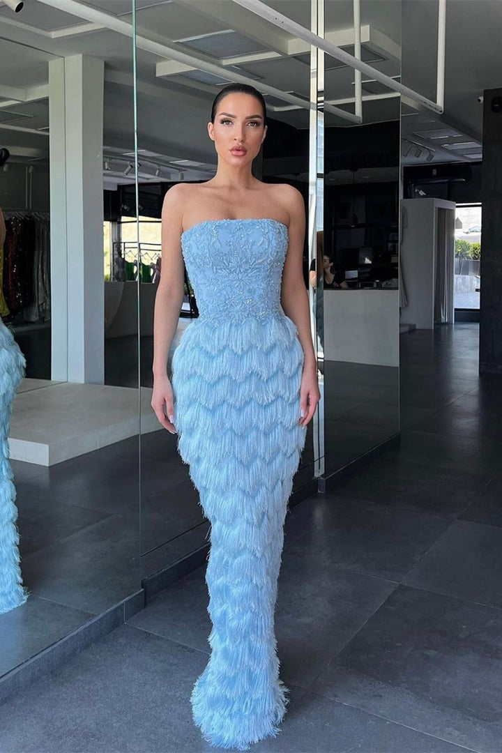 Off-the-Shoulder Blue Evening Dress with Pleated Feather Beadings