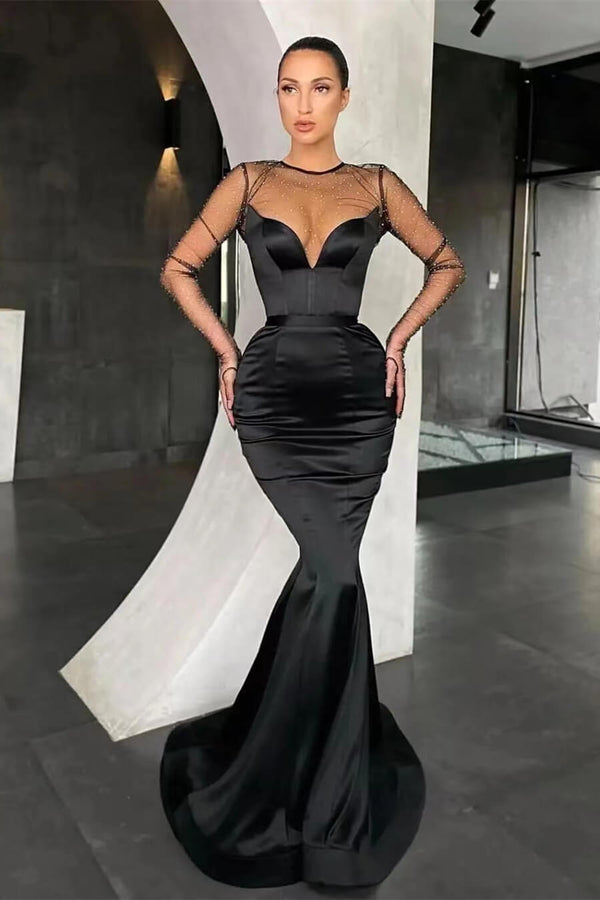 Online Black V-Neck Mermaid Long Sleeves Prom Dress With Beads