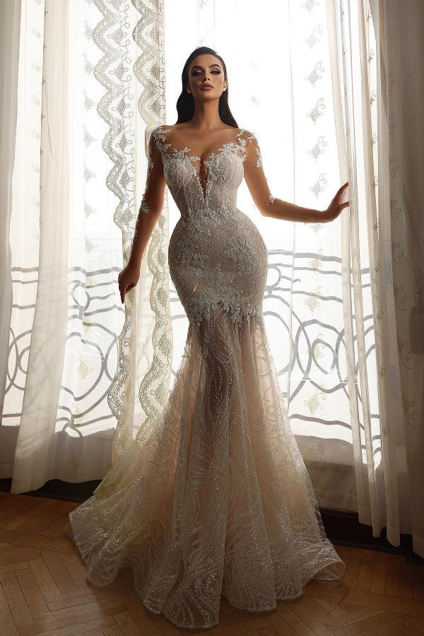 Bmbride Mermaid Sweetheart Tulle Lace Wedding Dresses with Sleeves