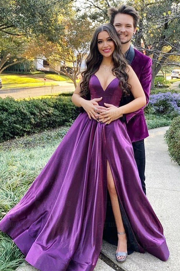 Purple Prom Dress with Spaghetti Straps and V-Neck