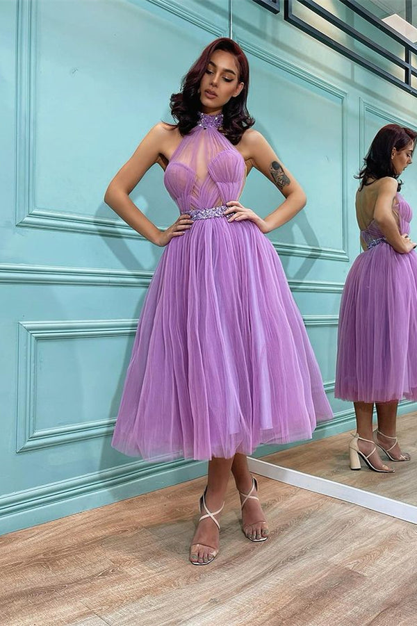 High Neck Lavender Short Tulle Prom Dress