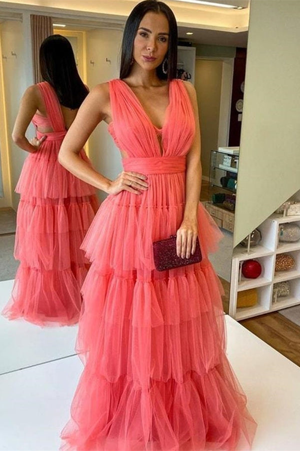 Sleeveless Tulle Long Prom Dress in Watermelon