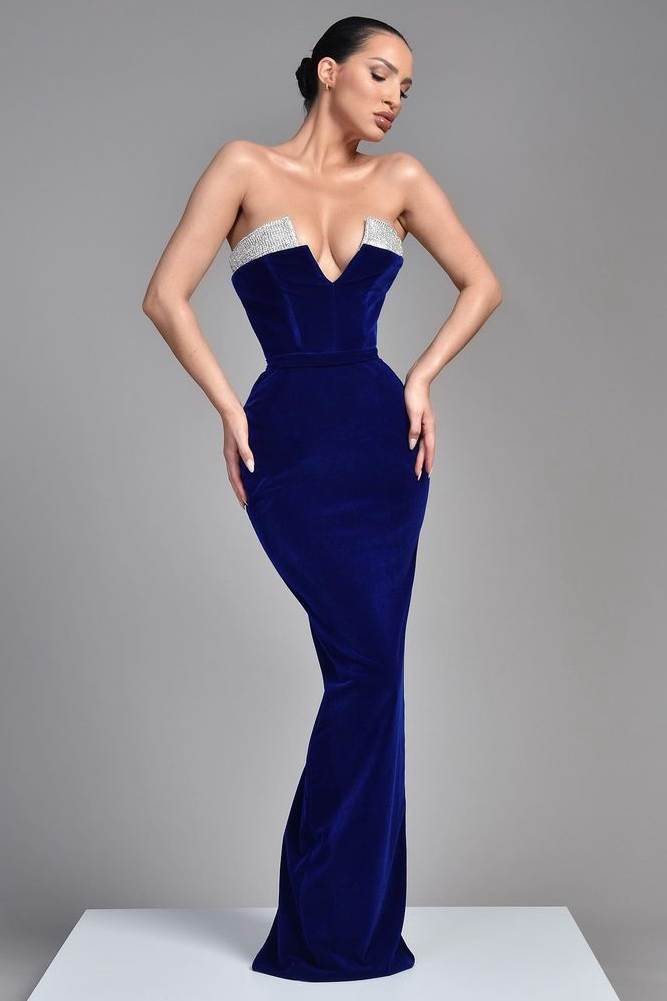 Royal Blue Velvet Evening Dress Sleeveless V-Neck