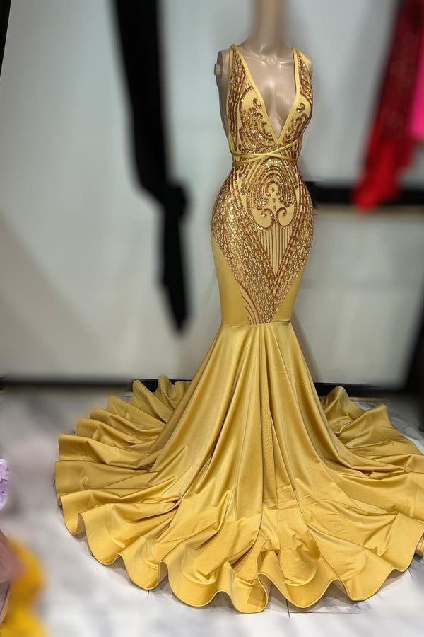 Sleeveless Dark Gold Applique Mermaid Prom Dress Long