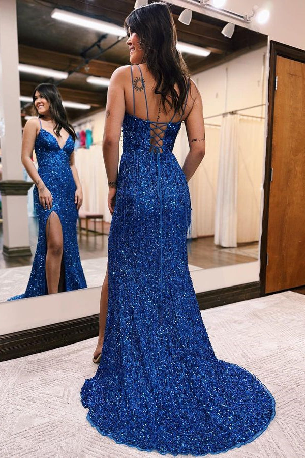 V Neck Tassel Long Evening Dress With High Slit Sequins