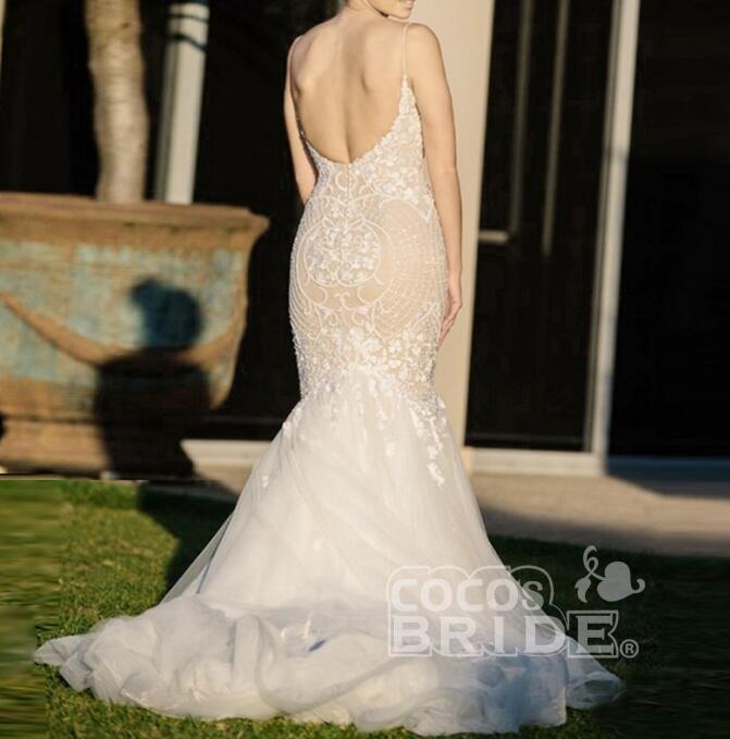 Bmbride Mermaid Backless Ivory Lace Tulle Wedding Dress with Spaghetti Straps and Court Train