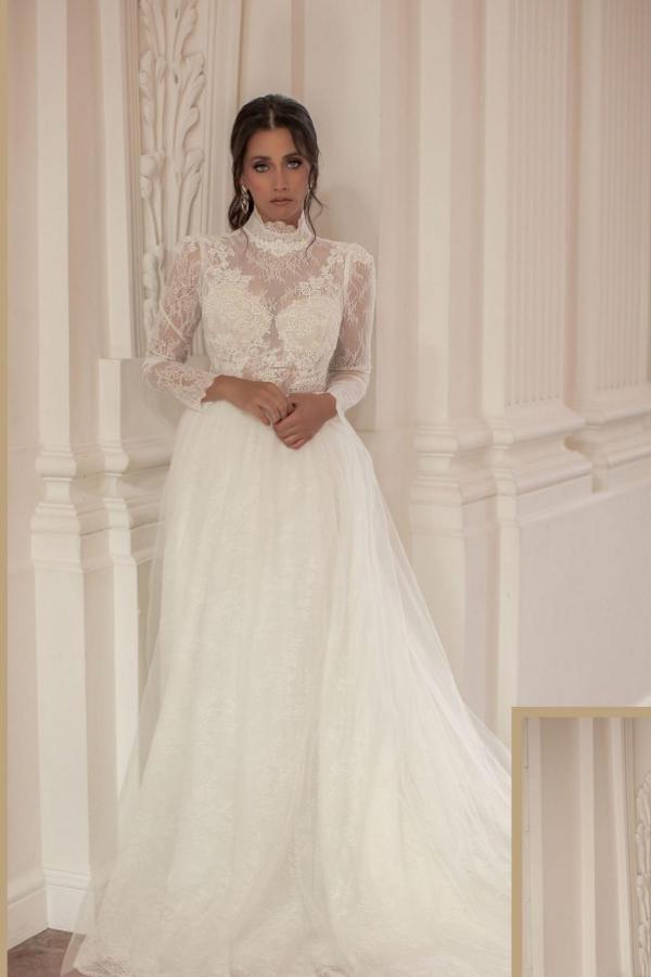 Bmbride Elegant High Collar Long Sleeves Chapel Train Wedding Dress