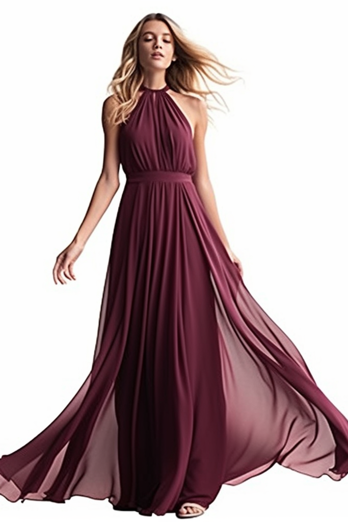 Purple Halter Chiffon Prom Dress with Sleeveless and Long Pleated design