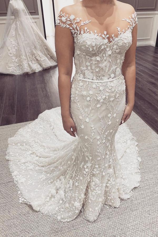 Bmbride Off-the-Shoulder Appliques Lace Backless Floor-length Mermaid Wedding Dress