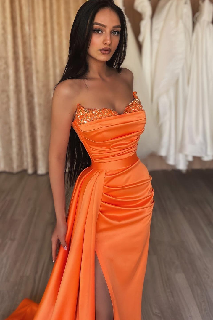 Strapless Orange Mermaid Prom Dress with Split and Ruffles