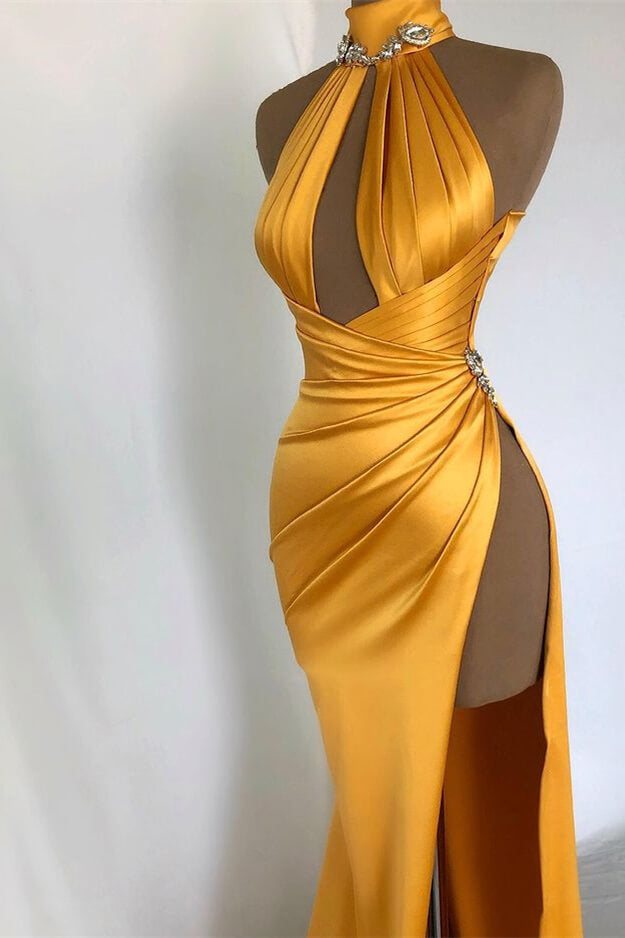 Champagne Gold Off-the-Shoulder Evening Dress with High Neck and Pleated Slit